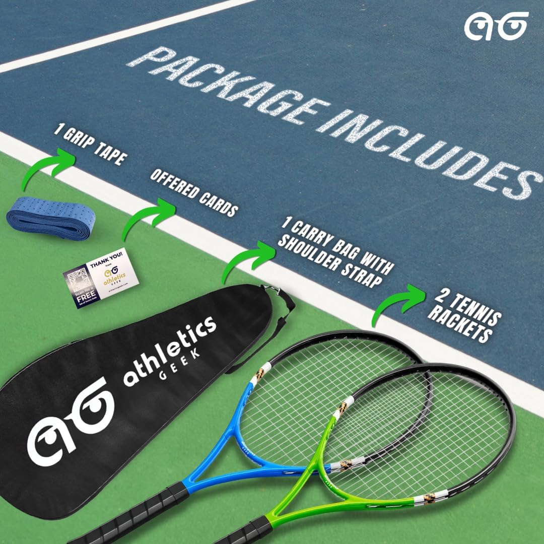 2 Player Tennis Rackets - Two-Color Variety Pack with 3 Tennis Ball, Grip Tape, Offer Cards & Carry Bag - Lightweight, 27 Inch Tennis Racquets for Men, Women, and Youth