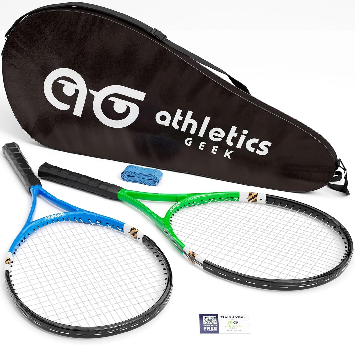 2 Player Tennis Rackets - Two-Color Variety Pack with 3 Tennis Ball, Grip Tape, Offer Cards & Carry Bag - Lightweight, 27 Inch Tennis Racquets for Men, Women, and Youth